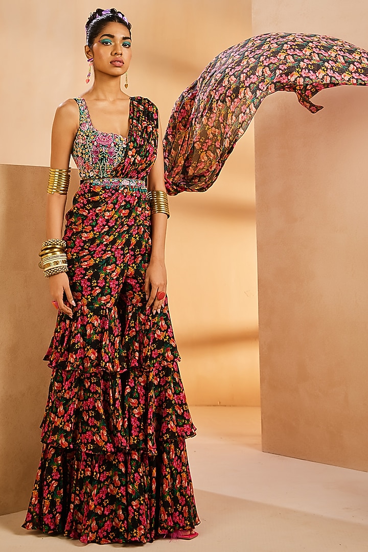 Black Chinon Silk Floral Printed Pre-Draped Layered Sharara Wedding Saree Set by Aneesh Agarwaal PRET at Pernia's Pop Up Shop