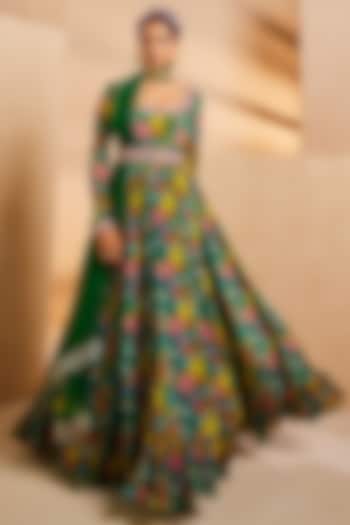Green Chinon Handpainted & Hand Embroidered Wedding Anarkali Set by Aneesh Agarwaal PRET at Pernia's Pop Up Shop