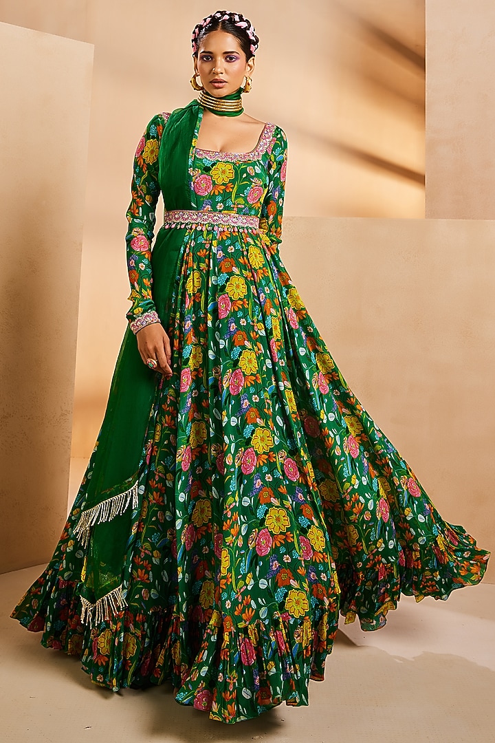 Green Chinon Handpainted & Hand Embroidered Wedding Anarkali Set by Aneesh Agarwaal PRET at Pernia's Pop Up Shop