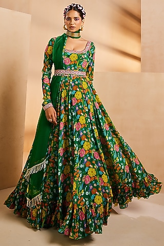 Green Chinon Handpainted & Hand Embroidered Anarkali Set by Aneesh Agarwaal PRET