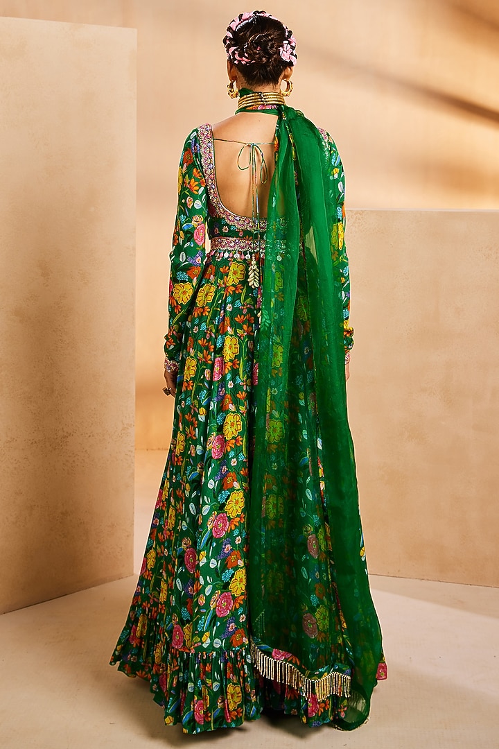 Green Chinon Handpainted & Hand Embroidered Wedding Anarkali Set by Aneesh Agarwaal PRET at Pernia's Pop Up Shop