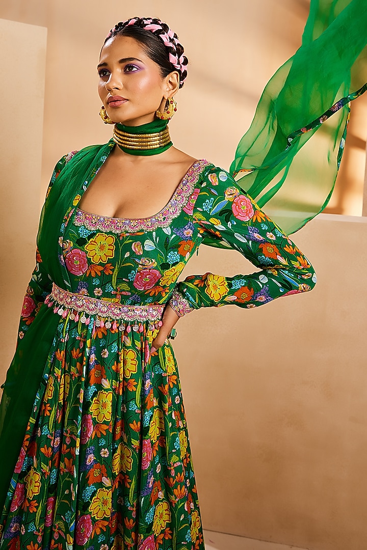 Green Chinon Handpainted & Hand Embroidered Wedding Anarkali Set by Aneesh Agarwaal PRET at Pernia's Pop Up Shop