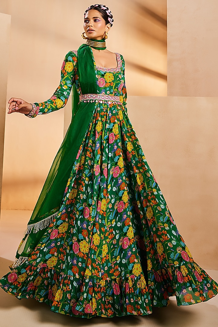 Green Chinon Handpainted & Hand Embroidered Wedding Anarkali Set by Aneesh Agarwaal PRET at Pernia's Pop Up Shop