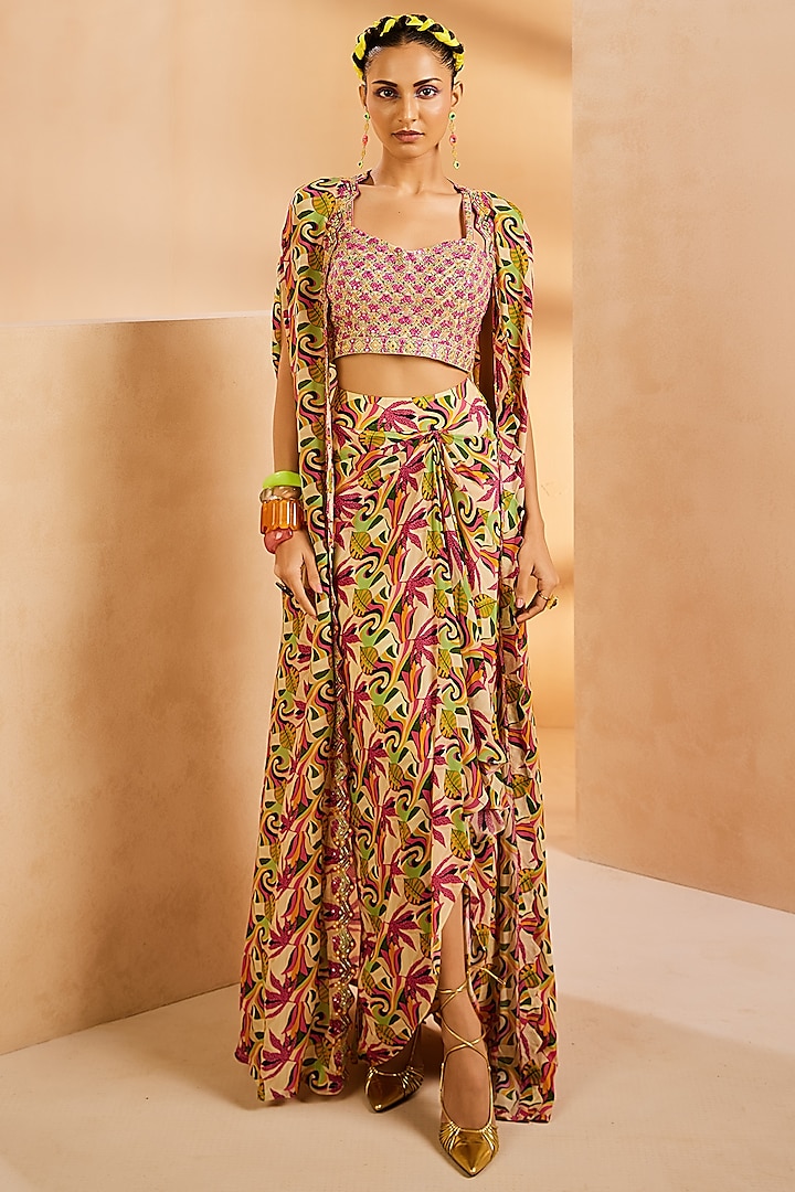 Multi-Colored Crepe Botanical Printed Wrap Skirt Set by Aneesh Agarwaal PRET at Pernia's Pop Up Shop