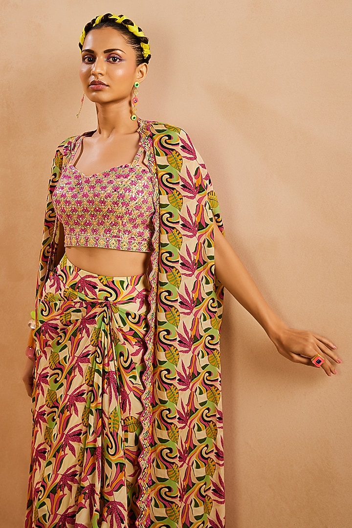 Multi-Colored Crepe Botanical Printed Wrap Skirt Set by Aneesh Agarwaal PRET at Pernia's Pop Up Shop