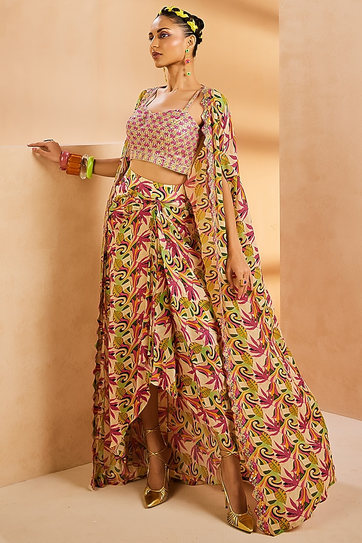 Multi-Colored Crepe Botanical Printed Wrap Skirt Set by Aneesh Agarwaal PRET at Pernia's Pop Up Shop