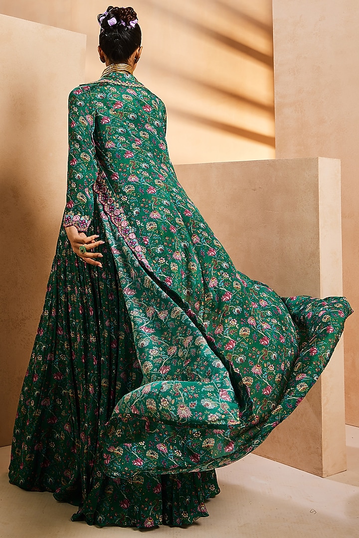 Green Chinon Chintz Printed Skirt Set by Aneesh Agarwaal PRET at Pernia's Pop Up Shop