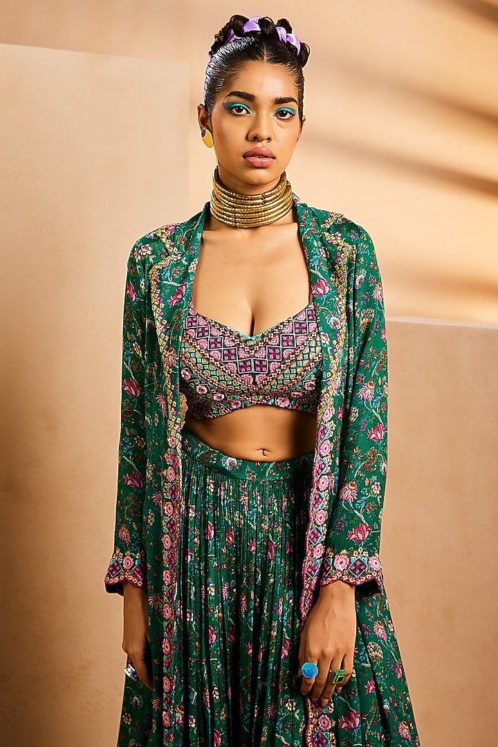Green Chinon Chintz Printed Skirt Set by Aneesh Agarwaal PRET at Pernia's Pop Up Shop