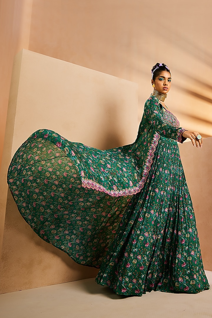 Green Chinon Chintz Printed Skirt Set by Aneesh Agarwaal PRET at Pernia's Pop Up Shop