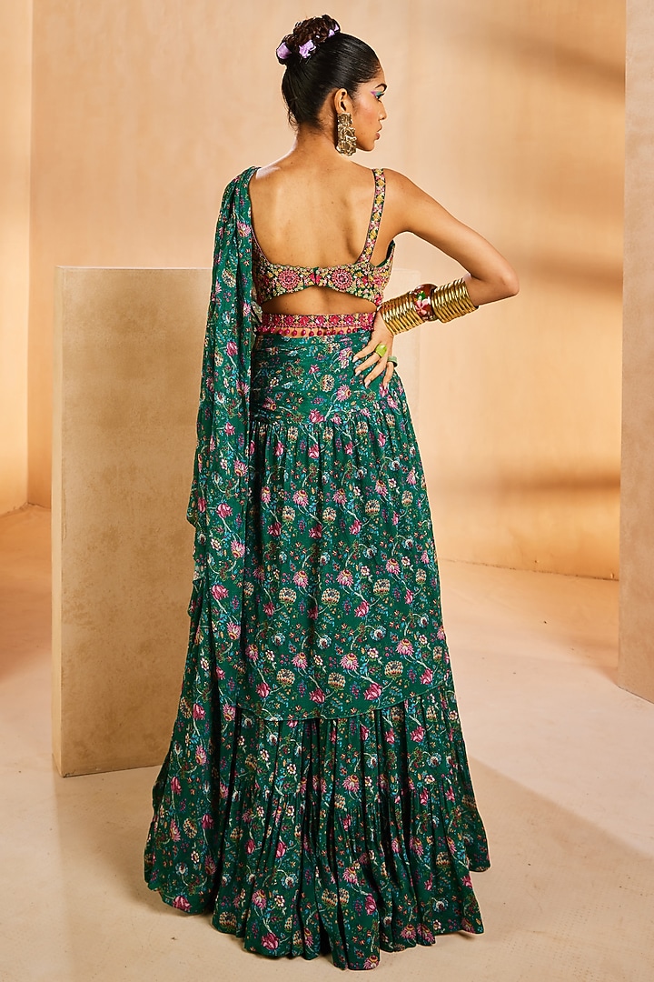 Green Chinon Chintz Printed Tiered Pre-Draped Wedding Saree Set by Aneesh Agarwaal PRET at Pernia's Pop Up Shop