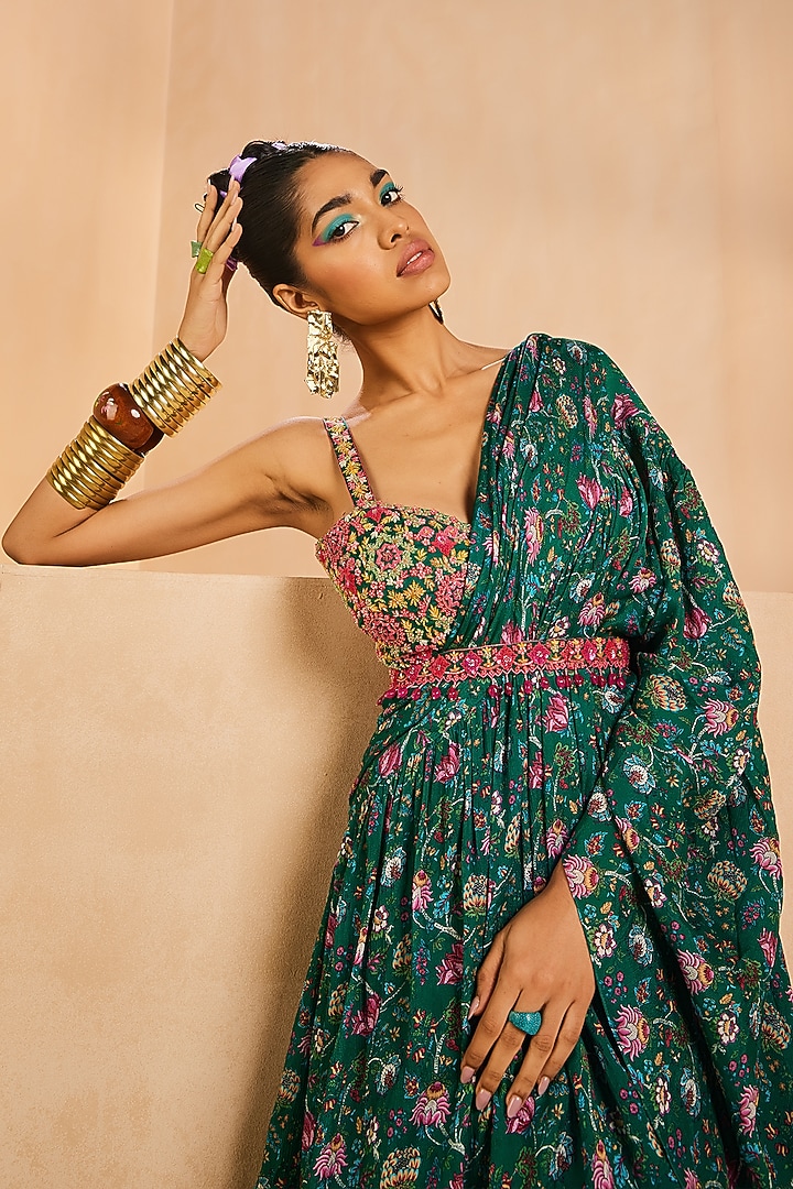 Green Chinon Chintz Printed Tiered Pre-Draped Wedding Saree Set by Aneesh Agarwaal PRET at Pernia's Pop Up Shop