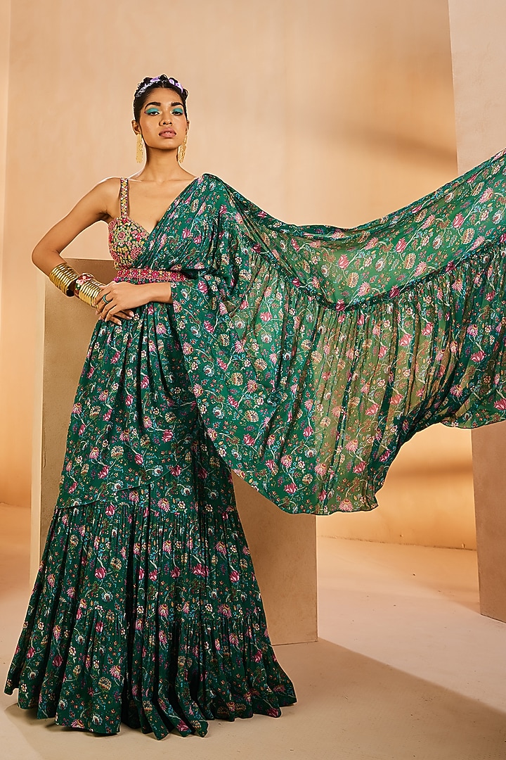 Green Chinon Chintz Printed Tiered Pre-Draped Wedding Saree Set by Aneesh Agarwaal PRET at Pernia's Pop Up Shop