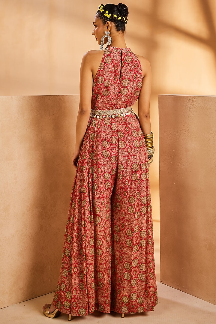 Red Chinon Bohemian Hand Painted Jumpsuit With Belt by Aneesh Agarwaal PRET at Pernia's Pop Up Shop