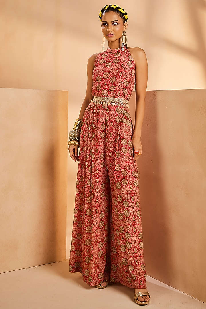 Red Chinon Bohemian Hand Painted Jumpsuit With Belt by Aneesh Agarwaal PRET at Pernia's Pop Up Shop