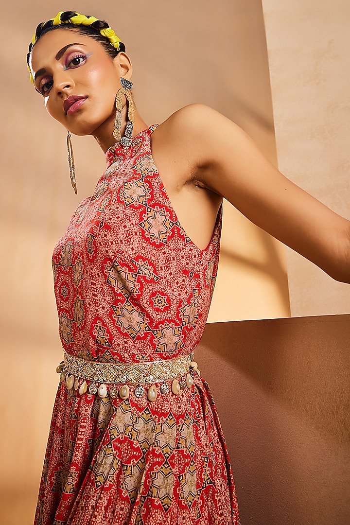 Red Chinon Bohemian Hand Painted Jumpsuit With Belt by Aneesh Agarwaal PRET at Pernia's Pop Up Shop
