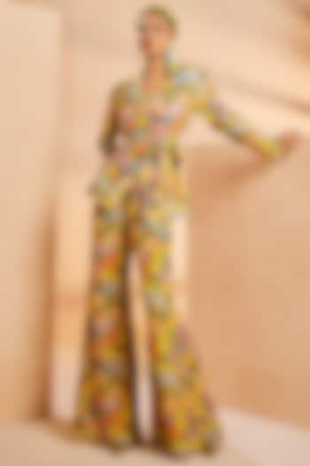 Yellow Chinon Printed Tie-Up Blazer Set by Aneesh Agarwaal PRET at Pernia's Pop Up Shop