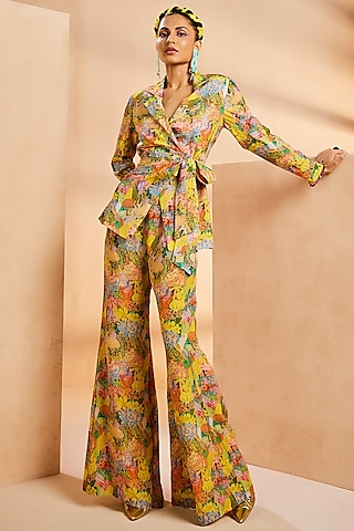 Yellow Chinon Printed Tie-Up Blazer Set by Aneesh Agarwaal PRET
