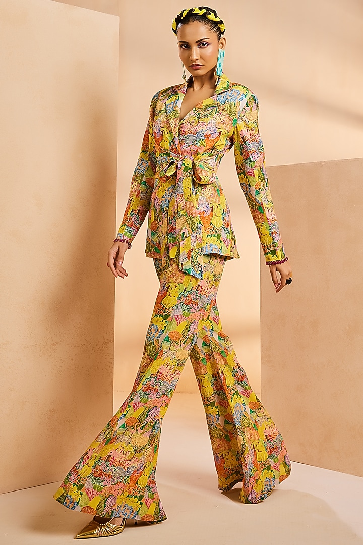 Yellow Chinon Printed Tie-Up Blazer Set by Aneesh Agarwaal PRET at Pernia's Pop Up Shop