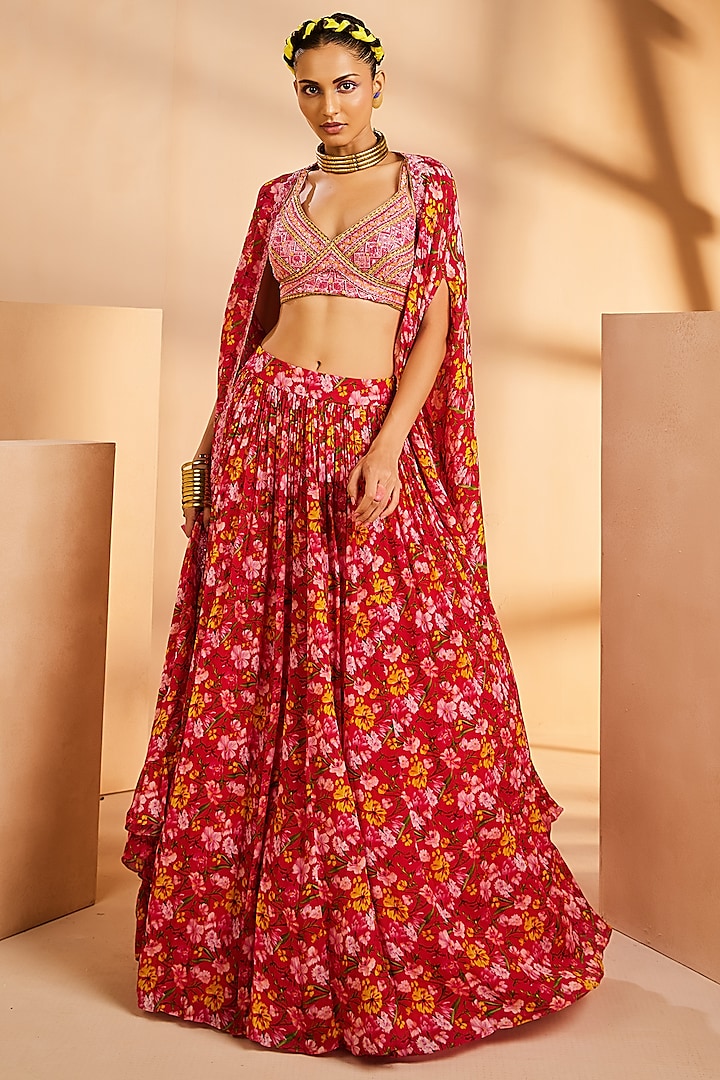 Magenta Chinon Floral Printed Skirt Set by Aneesh Agarwaal PRET