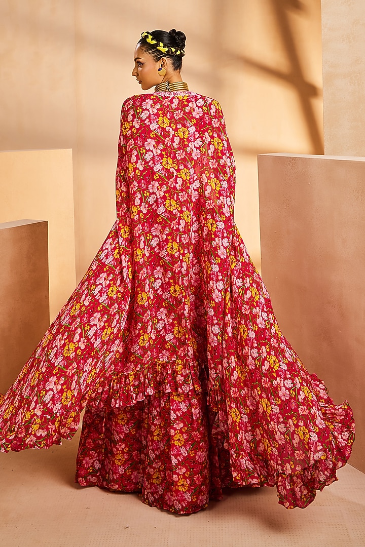 Magenta Chinon Floral Printed Skirt Set by Aneesh Agarwaal PRET at Pernia's Pop Up Shop