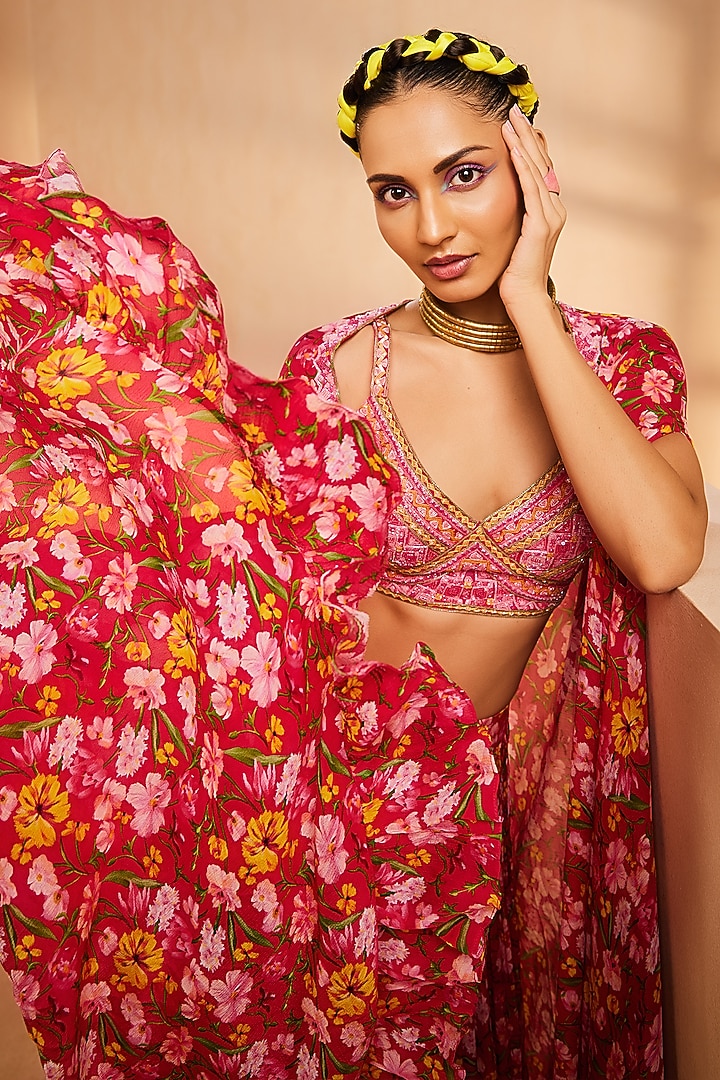 Magenta Chinon Floral Printed Skirt Set by Aneesh Agarwaal PRET at Pernia's Pop Up Shop