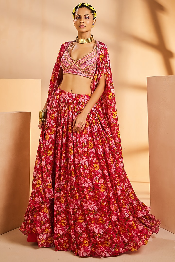 Magenta Chinon Floral Printed Skirt Set by Aneesh Agarwaal PRET at Pernia's Pop Up Shop