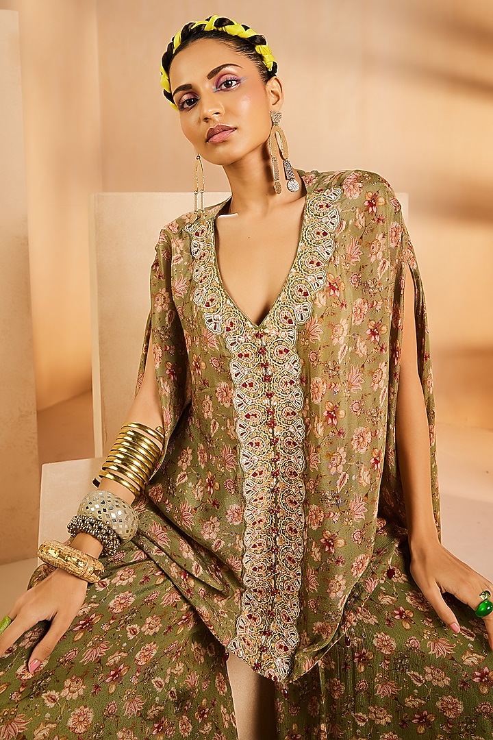 Green Chinon Hand Embroidered Kaftan Set by Aneesh Agarwaal PRET at Pernia's Pop Up Shop