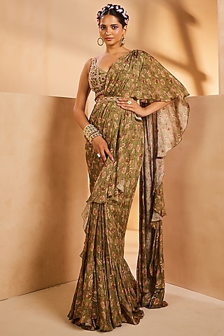 Green Chinon Chintz Printed Pre-Draped Ruffled Saree Set by Aneesh Agarwaal PRET