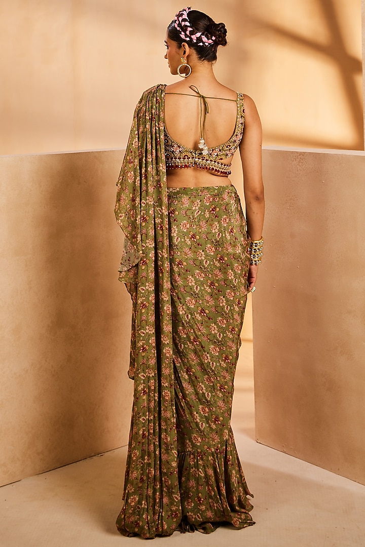 Green Chinon Chintz Printed Pre-Draped Ruffled Wedding Saree Set by Aneesh Agarwaal PRET at Pernia's Pop Up Shop