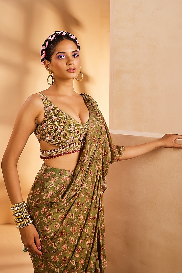 Green Chinon Chintz Printed Pre-Draped Ruffled Wedding Saree Set by Aneesh Agarwaal PRET at Pernia's Pop Up Shop