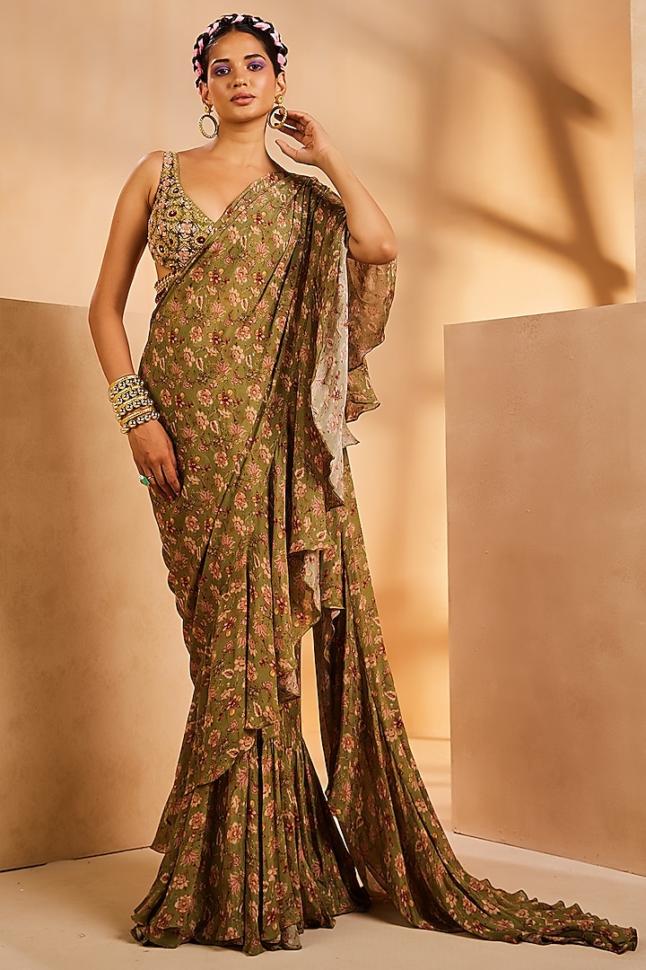 Green Chinon Chintz Printed Pre-Draped Ruffled Wedding Saree Set by Aneesh Agarwaal PRET at Pernia's Pop Up Shop