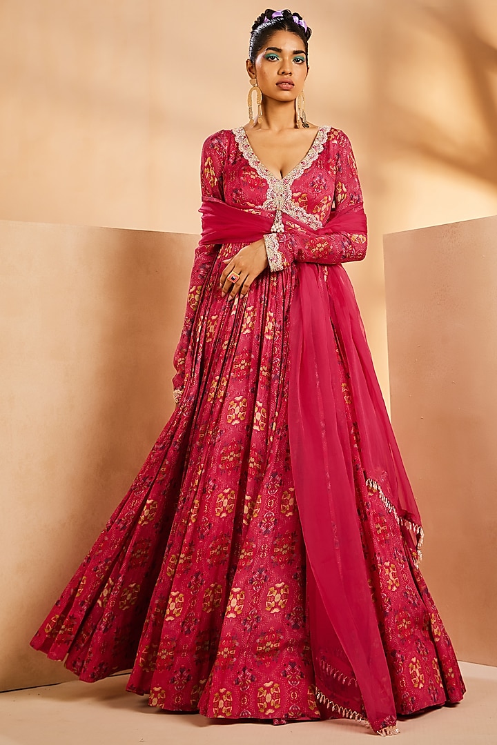 Pink Chinon Handpainted & Hand Embroidered Wedding Anarkali Set by Aneesh Agarwaal PRET at Pernia's Pop Up Shop
