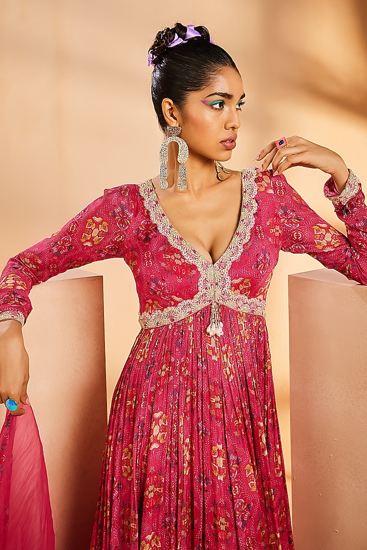 Pink Chinon Handpainted & Hand Embroidered Wedding Anarkali Set by Aneesh Agarwaal PRET at Pernia's Pop Up Shop