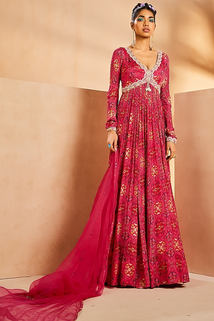 Pink Chinon Handpainted & Hand Embroidered Wedding Anarkali Set by Aneesh Agarwaal PRET at Pernia's Pop Up Shop