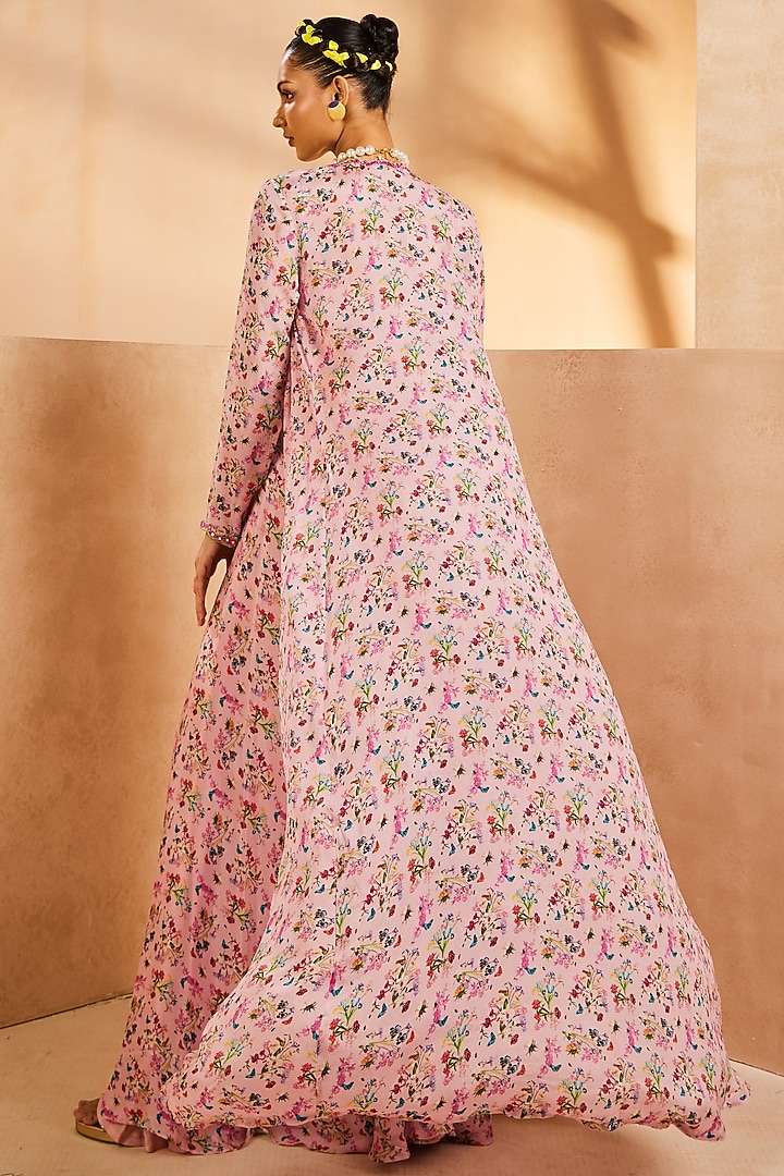 Pink Chinon Botanical Printed Jacket Set by Aneesh Agarwaal PRET at Pernia's Pop Up Shop