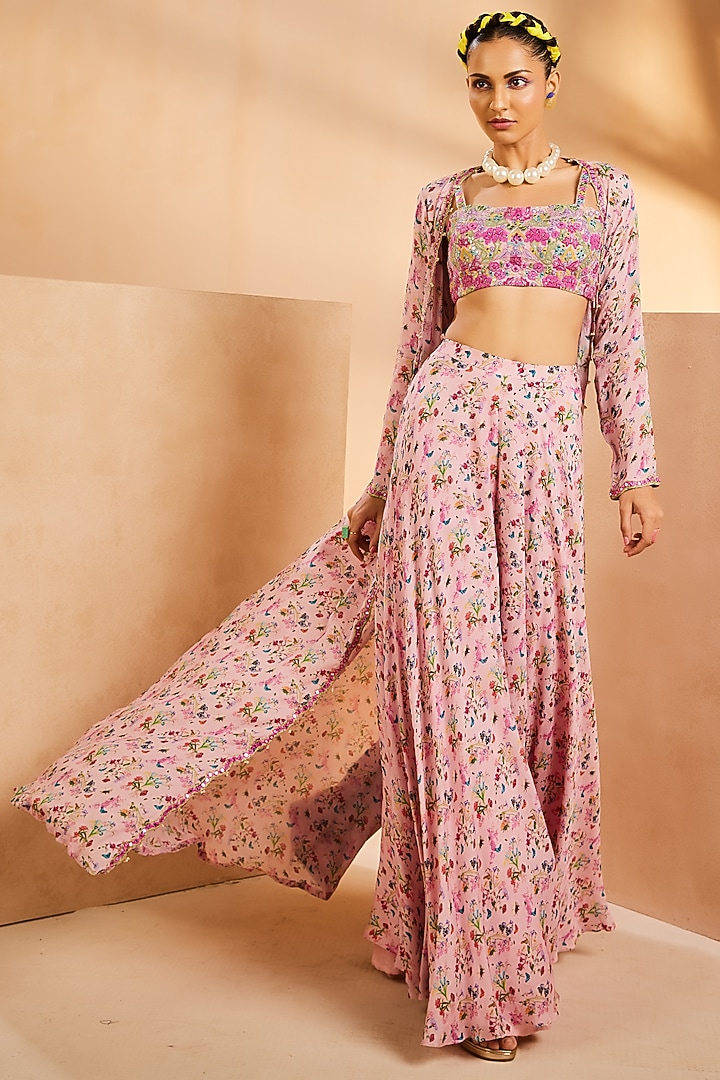Pink Chinon Botanical Printed Jacket Set by Aneesh Agarwaal PRET at Pernia's Pop Up Shop