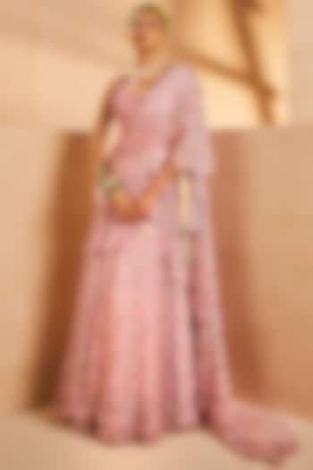Pink Chinon Botanical Printed Pre-Draped Layered Ruffled Saree Set by Aneesh Agarwaal PRET