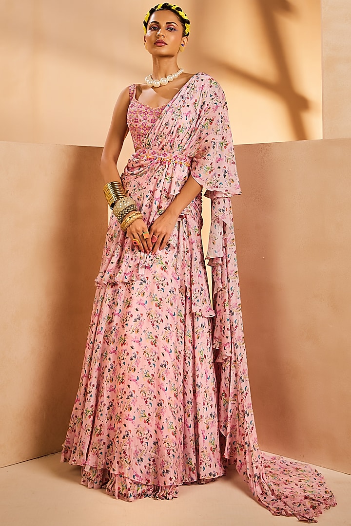 Pink Chinon Botanical Printed Pre-Draped Layered Ruffled Saree Set by Aneesh Agarwaal PRET