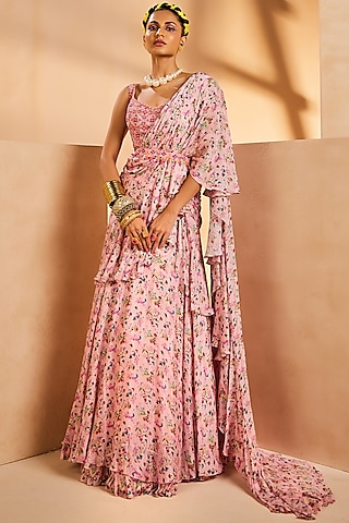 Pink Chinon Botanical Printed Pre-Draped Layered Ruffled Saree Set by Aneesh Agarwaal PRET