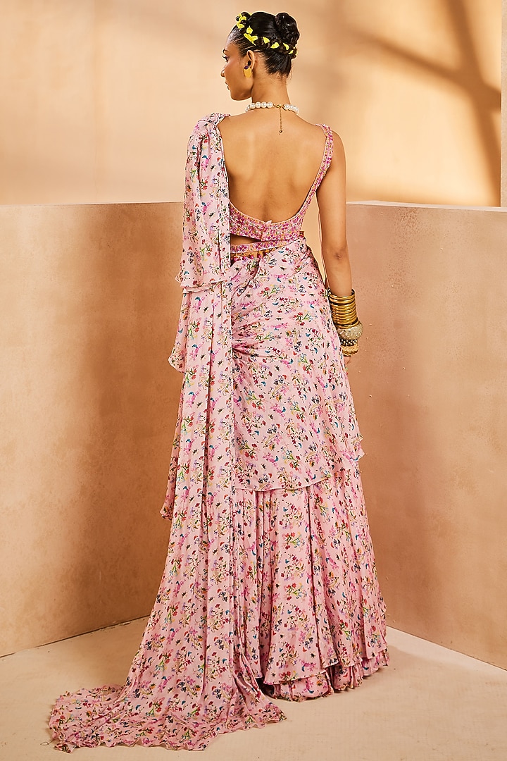 Pink Chinon Botanical Printed Pre-Draped Layered Ruffled Wedding Saree Set by Aneesh Agarwaal PRET at Pernia's Pop Up Shop