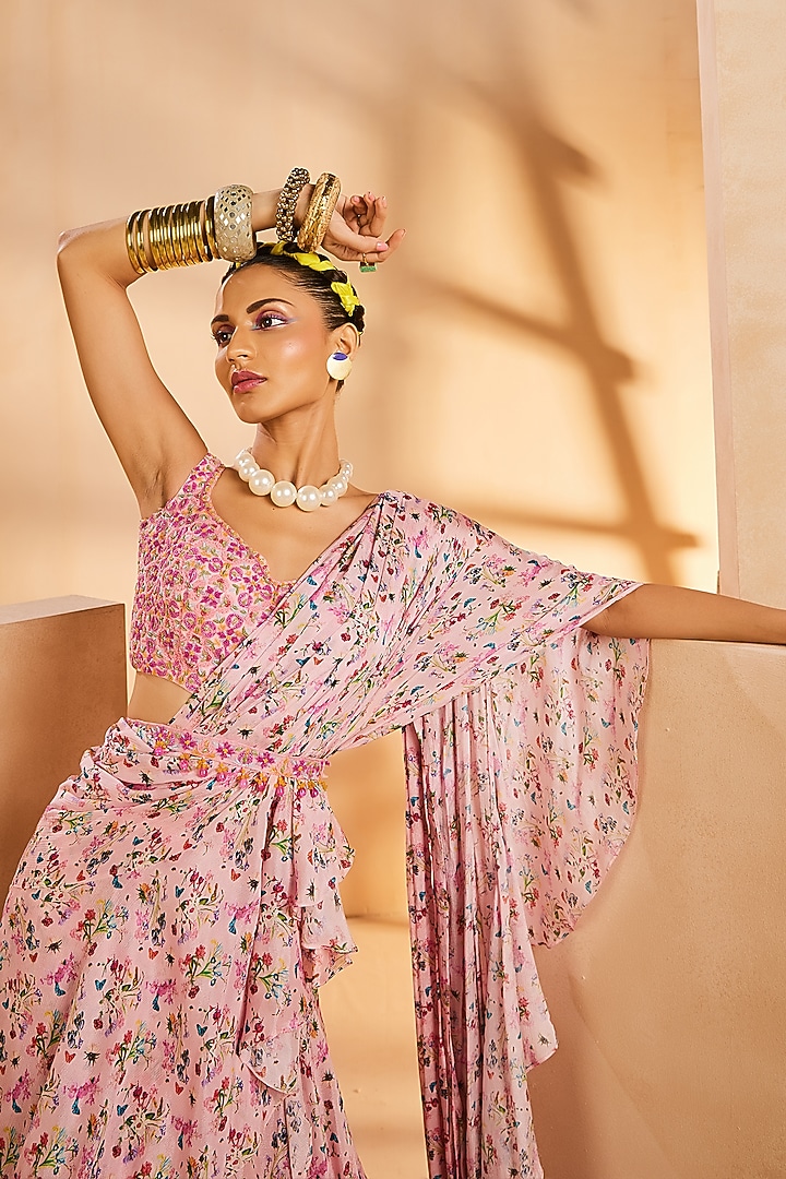 Pink Chinon Botanical Printed Pre-Draped Layered Ruffled Wedding Saree Set by Aneesh Agarwaal PRET at Pernia's Pop Up Shop