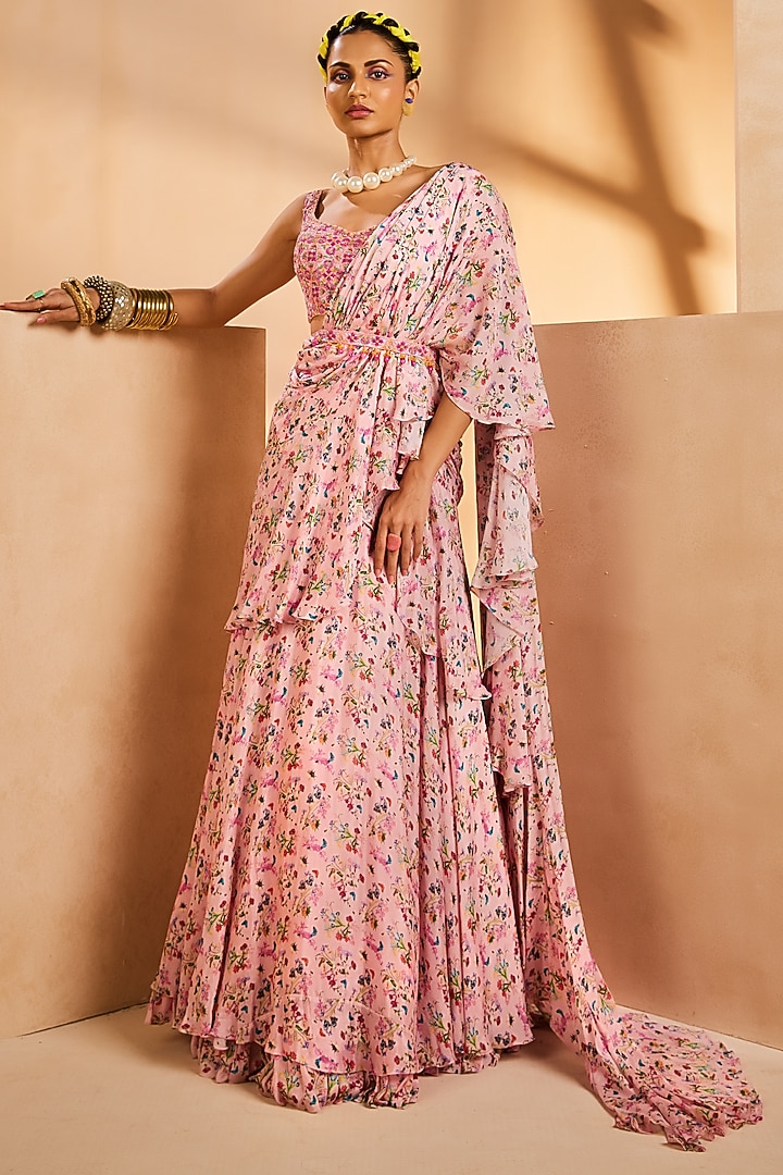 Pink Chinon Botanical Printed Pre-Draped Layered Ruffled Wedding Saree Set by Aneesh Agarwaal PRET at Pernia's Pop Up Shop