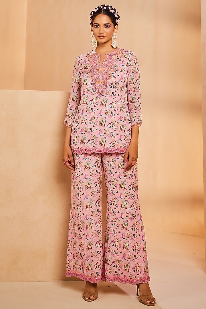 Pink Chinon Botanical Printed & Hand Embroidered Kurta Set by Aneesh Agarwaal PRET at Pernia's Pop Up Shop