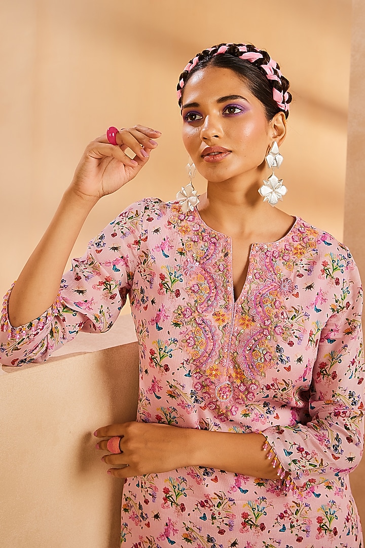Pink Chinon Botanical Printed & Hand Embroidered Kurta Set by Aneesh Agarwaal PRET at Pernia's Pop Up Shop