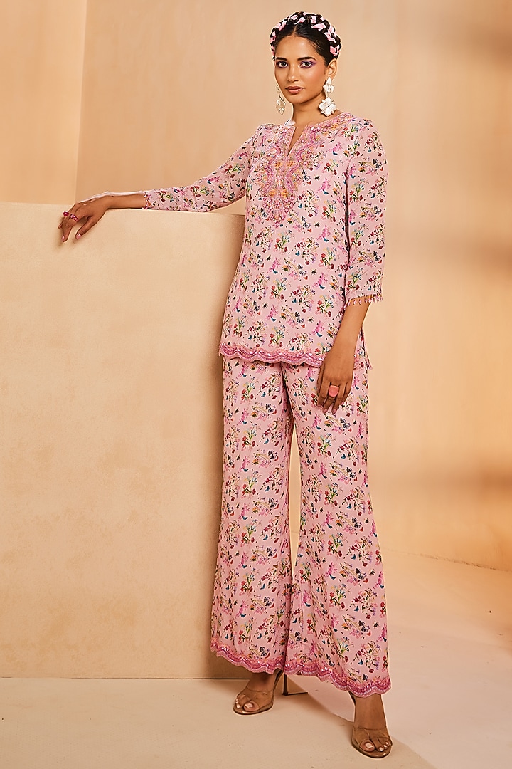 Pink Chinon Botanical Printed & Hand Embroidered Kurta Set by Aneesh Agarwaal PRET at Pernia's Pop Up Shop