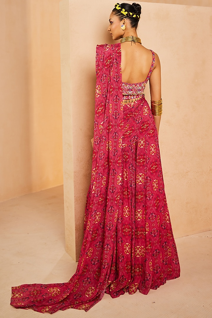 Pink Chinon Botanical Printed Pre-Stitched Sharara Wedding Saree Set by Aneesh Agarwaal PRET at Pernia's Pop Up Shop
