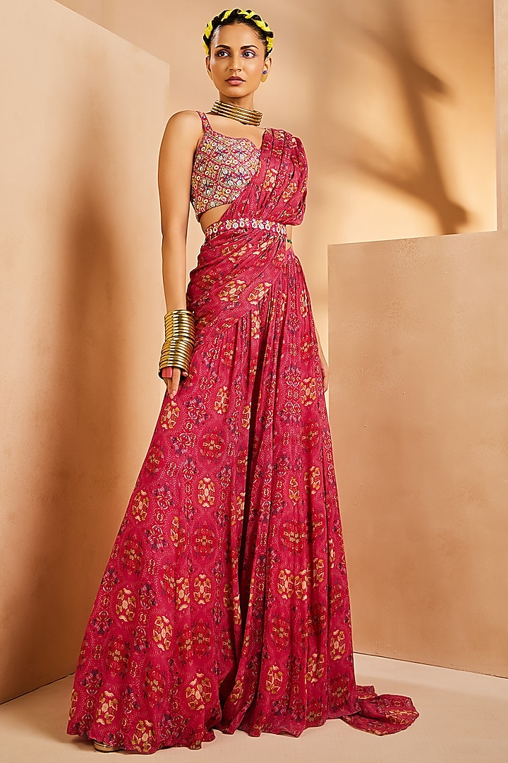 Pink Chinon Botanical Printed Pre-Stitched Sharara Wedding Saree Set by Aneesh Agarwaal PRET at Pernia's Pop Up Shop