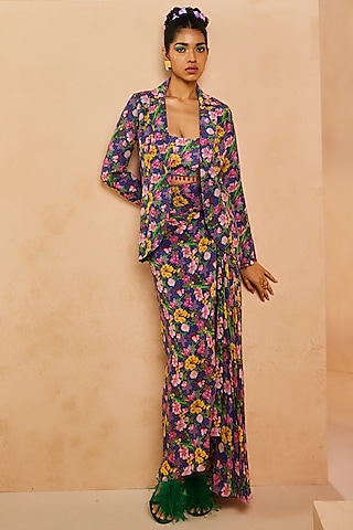 Purple Crepe Floral Printed Wrap Skirt Set by Aneesh Agarwaal PRET