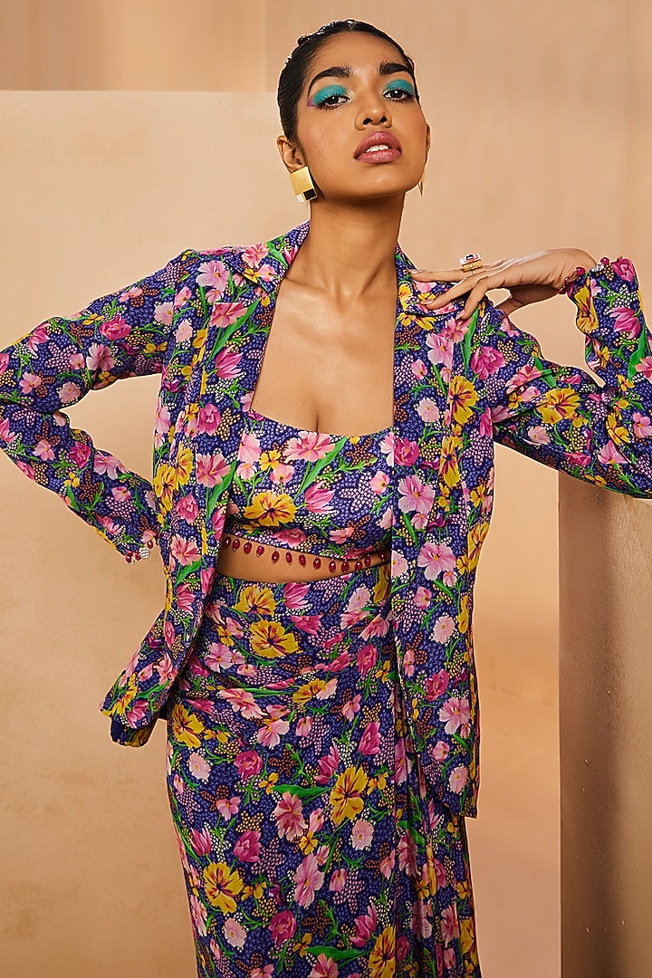 Purple Crepe Floral Printed Wrap Skirt Set by Aneesh Agarwaal PRET at Pernia's Pop Up Shop