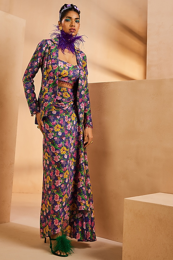 Purple Crepe Floral Printed Wrap Skirt Set by Aneesh Agarwaal PRET at Pernia's Pop Up Shop